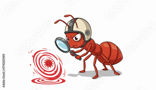 Ant Mascot with Magnifying Glass Researching Virus Target Spot