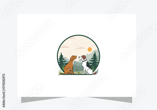 Dog logo icon design, Two dogs sitting in nature vector  design 