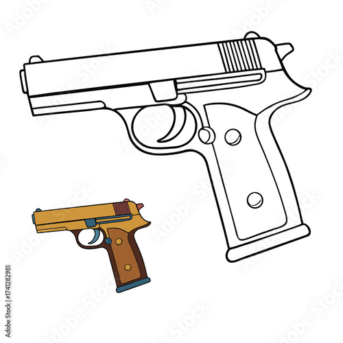 A detailed pistol coloring page featuring a classic handgun outline with defined trigger, grip, and barrel, perfect for coloring practice, shading, and design creativity.