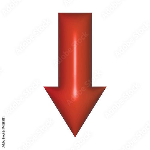 Red 3d shiny arrow going down stock icon on white background. Bankruptcy, financial market crash icon for your web site design, logo, app, UI. graph chart downtrend symbol.chart going down sign.