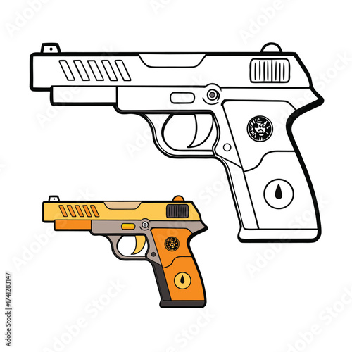 A detailed pistol coloring page featuring a classic handgun outline with defined trigger, grip, and barrel, perfect for coloring practice, shading, and design creativity.