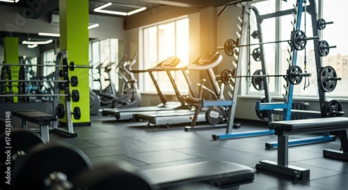 A spacious gym with various exercise equipment, including treadmills, stationary bikes, and free weights.