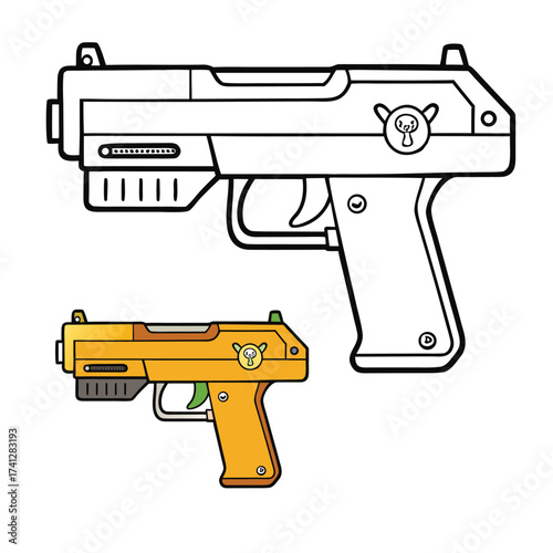 A detailed pistol coloring page featuring a classic handgun outline with defined trigger, grip, and barrel, perfect for coloring practice, shading, and design creativity.