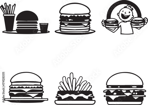 Fast food icon set with burgers, fries, trays, and cartoon character in black silhouette snack style