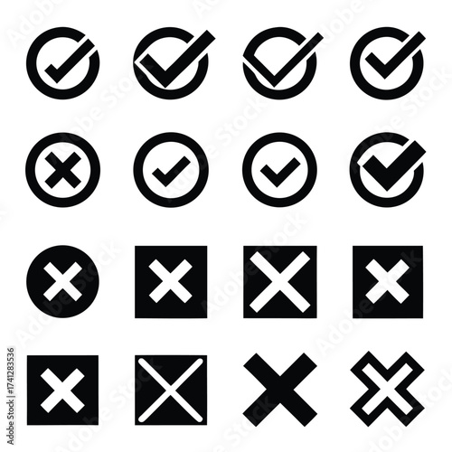 Black checkmark and cross icons in circles and squares on white background symbol