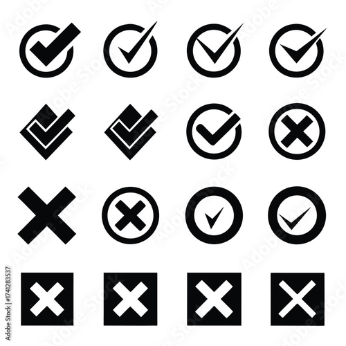 Black check mark and cross icons in circles and squares symbol