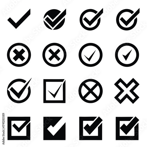 Collection of black check mark and cross icons in various shapes and styles tick