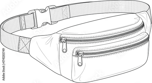 Waist bag fanny pack line art, detailed cad drawing flat vector illustration, adjustable strap buckle design, fashion accessory sketch