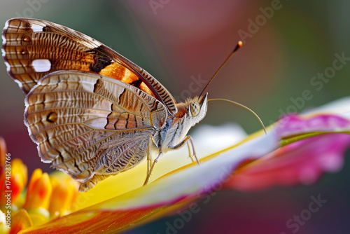 Delicate butterfly with intricate wing patterns rests gently on a vibrant flower petal in soft natural light.