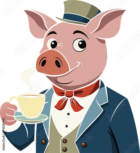 Anthropomorphic  pig  dressed in victorian suit Coffee in hand 