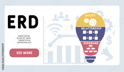 ERD - entity relationship diagrams  acronym. business concept background. vector illustration concept with keywords and icons. lettering illustration with icons for web banner, flyer, landing pag