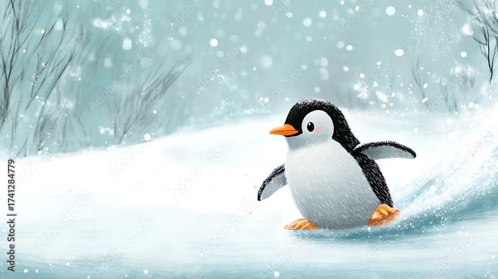 Fototapeta premium A penguin sliding on ice