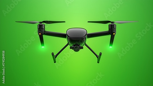 Sleek Black Drone with Green Lights Against Bright Green Background