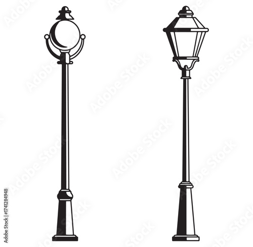 Black and white illustrations of two elegant vintage street lamps isolated on white
