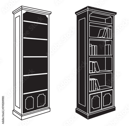 Black and white vector illustration of two detailed bookshelves with books displayed