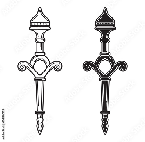 Decorative stylized ornamental mace vector illustration in black and white design
