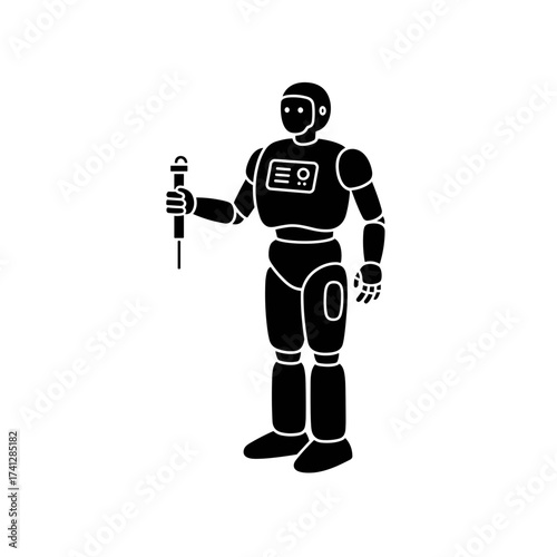 Medical robot holding a surgical tool in black and white design