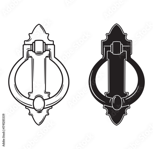 Decorative vintage door knocker design in black and white line art illustration