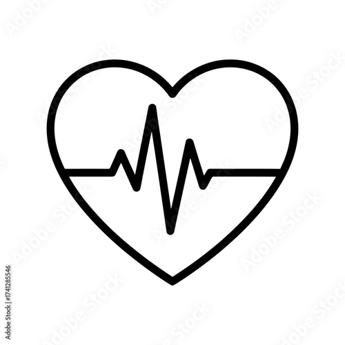 Heartbeat line inside a heart shape in black outline representing cardiology and healthcare concept design