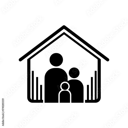 Family of three silhouette inside a house structure with vertical lines on each side in black and white