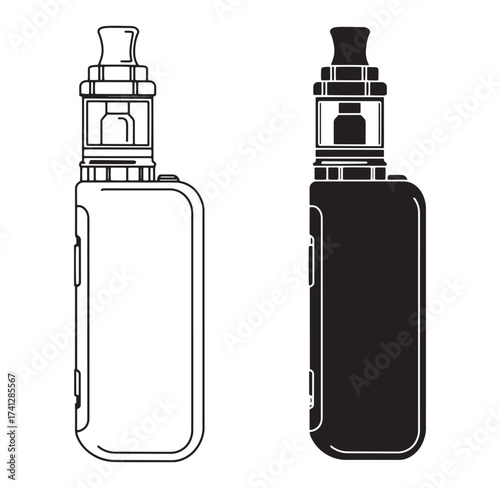 Electronic cigarette vector illustration in black and white depicting modern vape device design