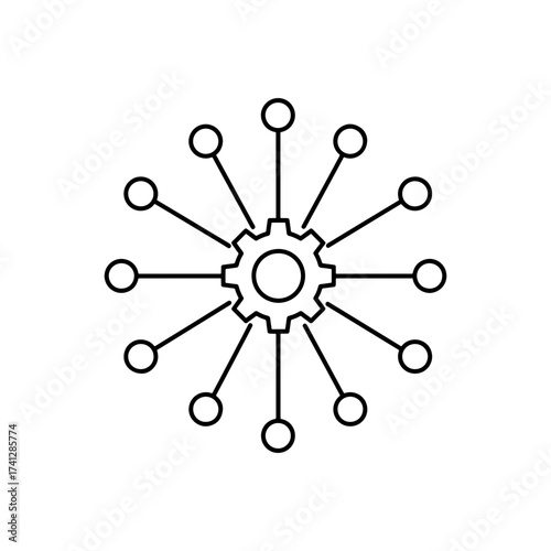Gear with radiating connections to circles representing a network in a minimalist line drawing style art