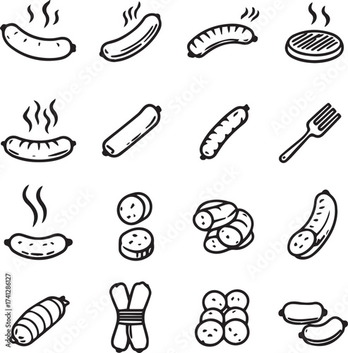 Sausage icon grid with sliced, grilled, forked, and bundled styles in black and white outline style