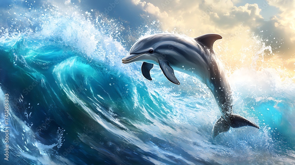 Naklejka premium A playful dolphin jumping through waves