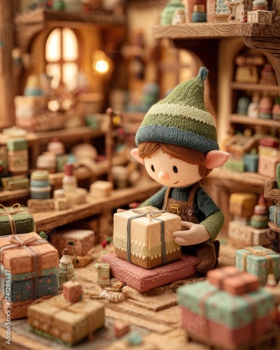Charming elf in a cozy workshop surrounded by gifts.