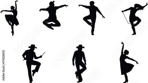 Dance silhouette set with ballet, jump rope, cowboy, and dynamic poses for artistic, cultural, and performance-themed design.