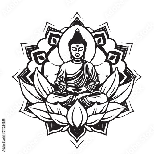 Buddha in lotus mandala frame vector design concept black and white illustration.