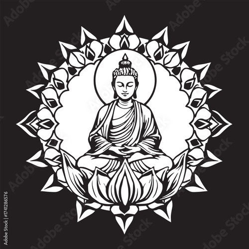 Buddha in lotus mandala frame vector design concept black and white illustration.