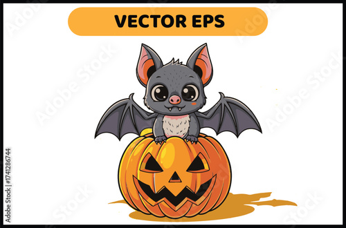 Vector art of cute baby bat sitting on a pumpkin