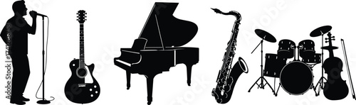 Musical silhouette set with singer, guitar, piano, saxophone, drums, and violin for performance, design, and artistic themes.
