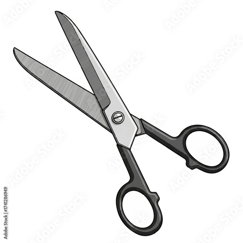 Open pair of sharp metal scissors with black handles on a white background. Vector