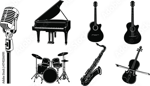 Silhouettes of musical instruments and microphone including piano, drums, guitars, saxophone, and violin for music and design themes.