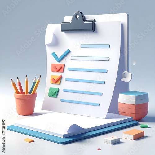 
3D Stylized Clipboard and Checklist with Office Supplies