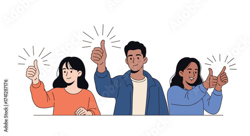 Three people giving a thumbs up with sparkly lines radiating from their thumbs indicating approval and satisfaction.