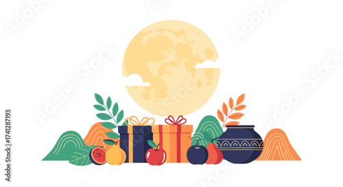 A traditional harvest festival scene with gifts moon and fruit.