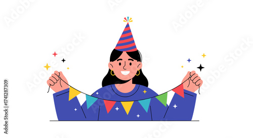 A woman celebrating a special occasion with festive decorations and a party hat.