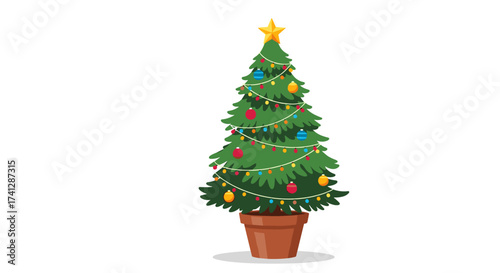 A beautifully decorated evergreen Christmas tree sits in a brown pot ready for holiday celebrations.