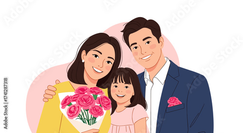 A happy family celebrating a special occasion with flowers.