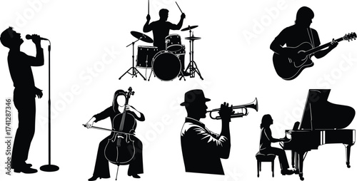 Musician silhouette set with singer, drummer, guitarist, pianist, trumpeter, and cellist for music, performance, and design themes.