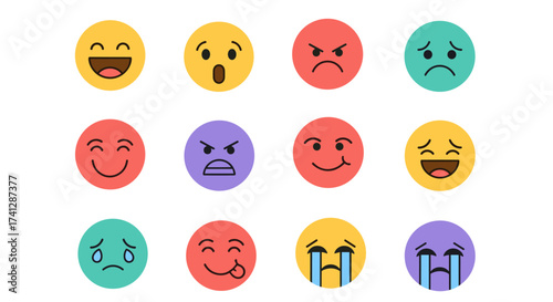 A collection of colorful round emoji faces expressing a wide range of emotions and feelings.