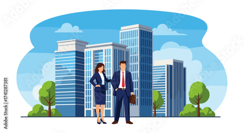 Two business people standing in front of modern office buildings with trees on a sunny day.