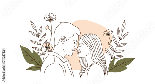 An intimate sketch of two young lovers sharing a tender moment surrounded by botanical elements.
