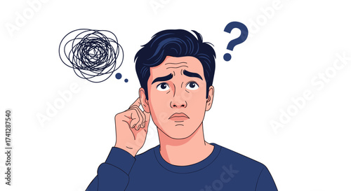 A young man expresses confusion with a question mark and chaotic thoughts above his head.