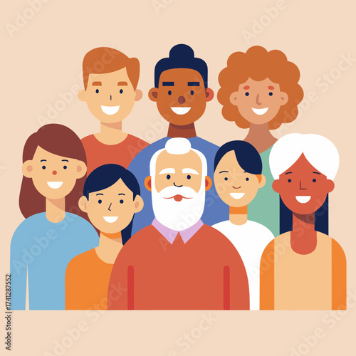 Diverse group of people flat vector illustration of multicultural community concept for social inclusion and togetherness