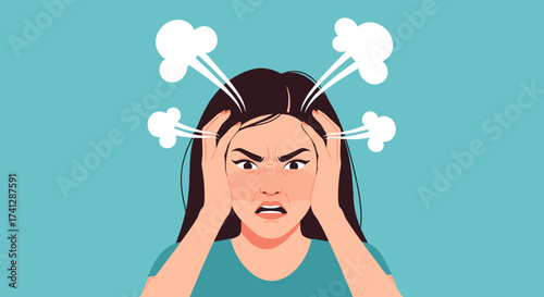 An angry woman with smoke coming out of her ears expressing frustration and stress.