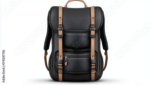 Stylish Black Backpack with Brown Straps and Minimalist Design